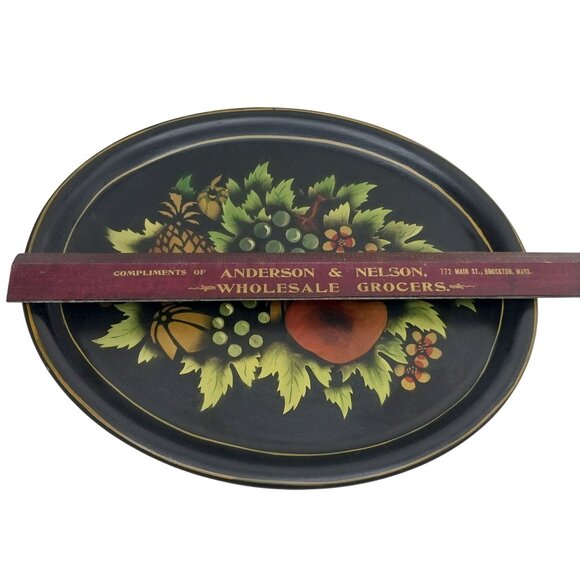 Vintage Metal Toleware Tray Fruit & Leaf Design Black Gold Mid-Century Pineapple - Picture 3 of 6